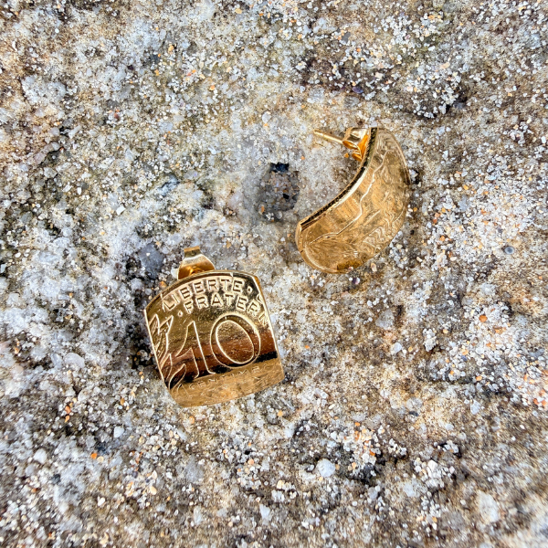 boucles d'oreilles oscar le ptit franc réalisé à partir de pièces de 10 centimes de franc véritables.
